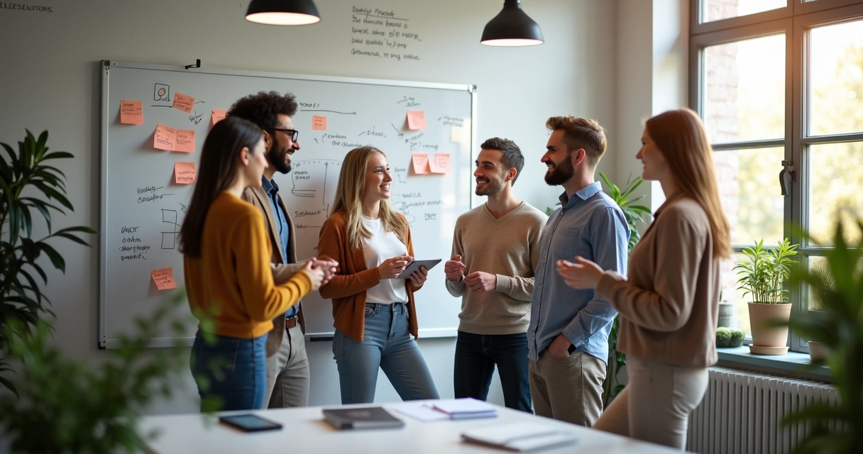 Jóvenes profesionales compartiendo ideas en reunión de trabajo