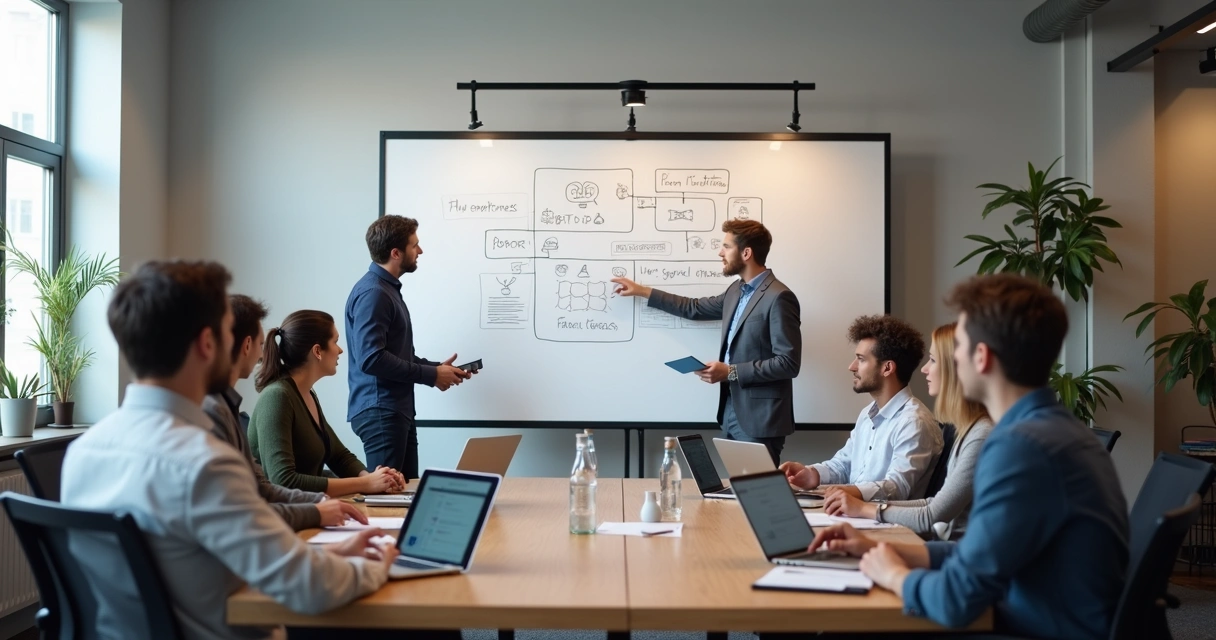 Team planning chatbot innovation on whiteboard 