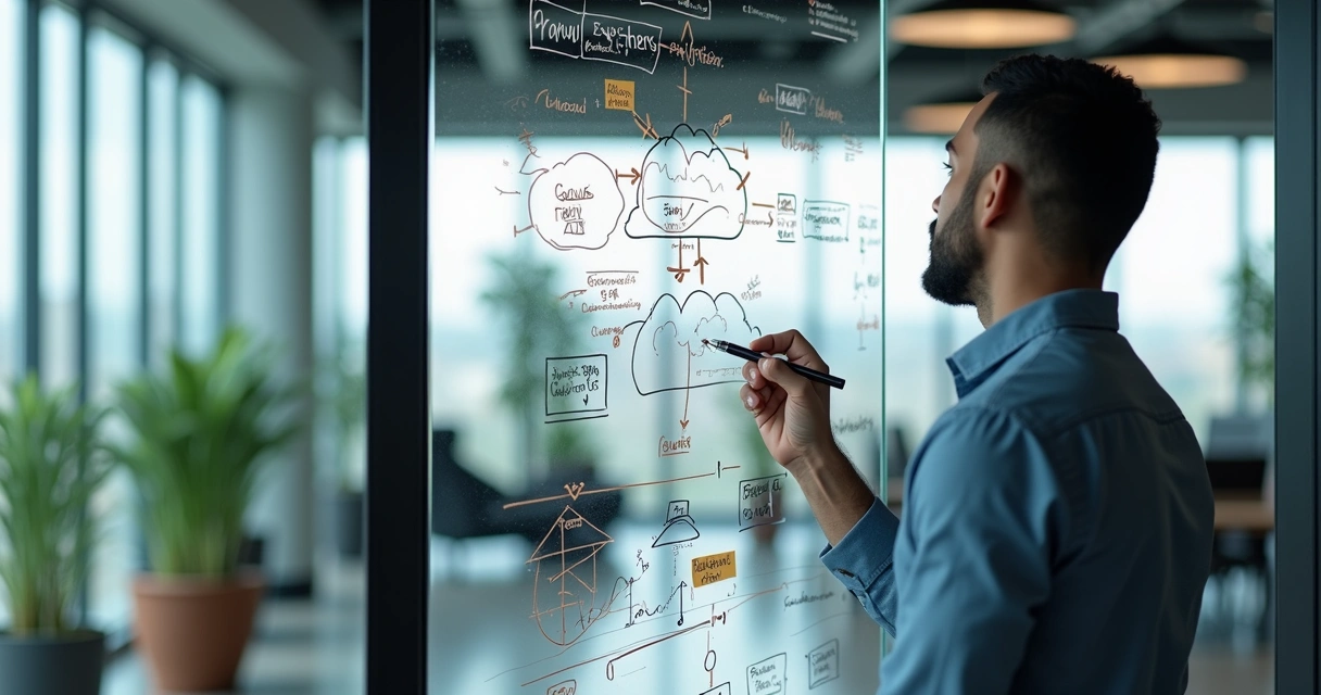 Hand-drawn innovation diagrams and code sketches on glass wall 