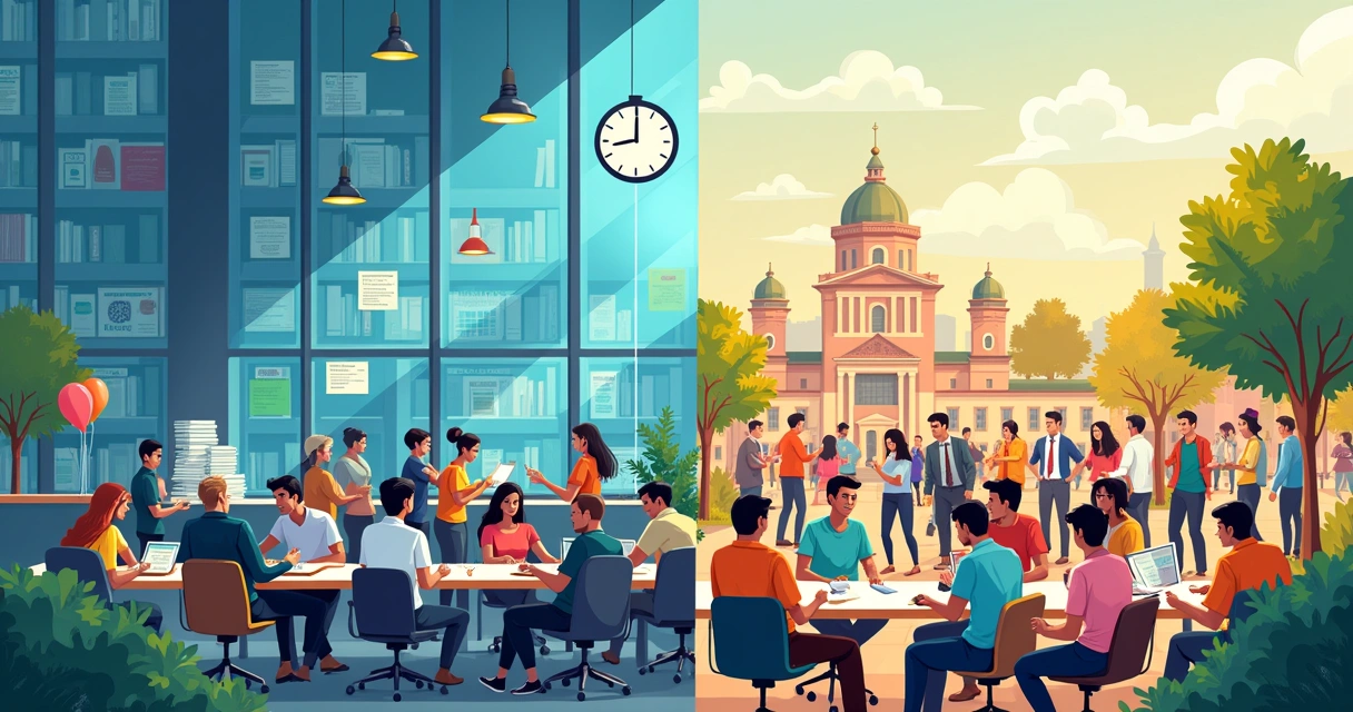 Ilustração contrastando inovação aberta e fechada com ambientes distintos de trabalho e colaboradores dinâmicos.