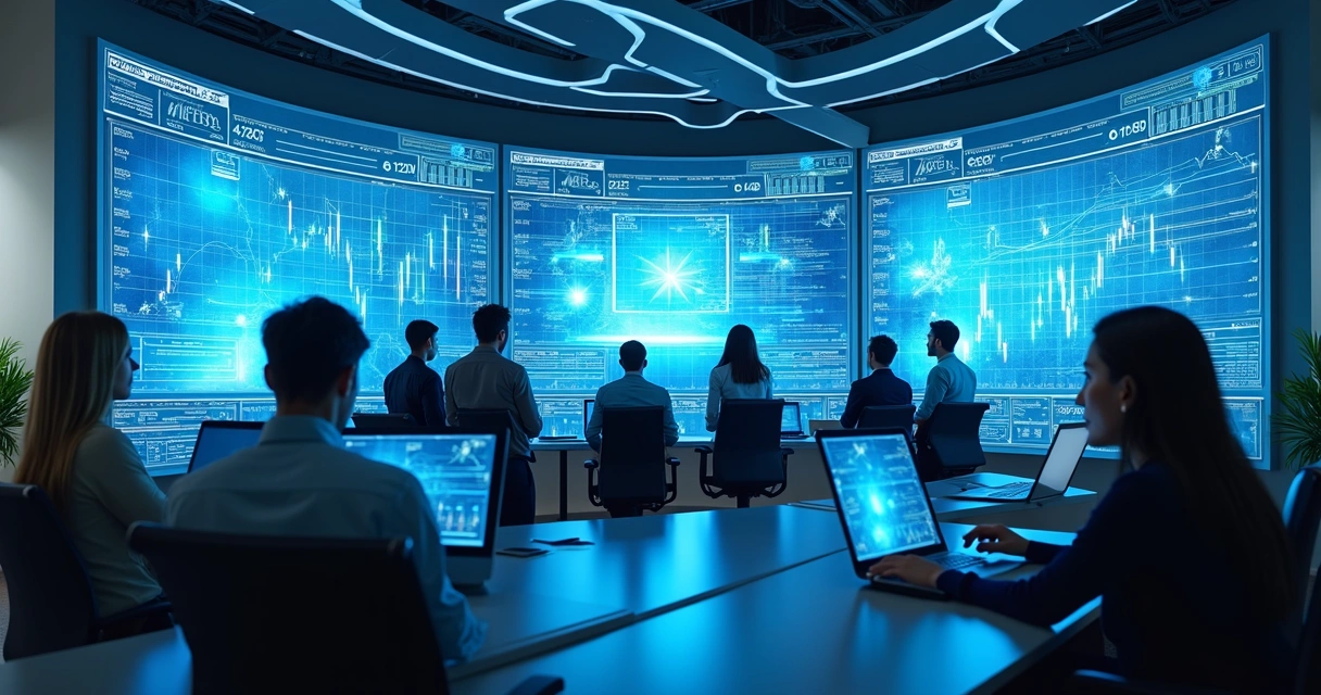 Representação de inovação tecnológica com equipe diversa ao redor de telas digitais 