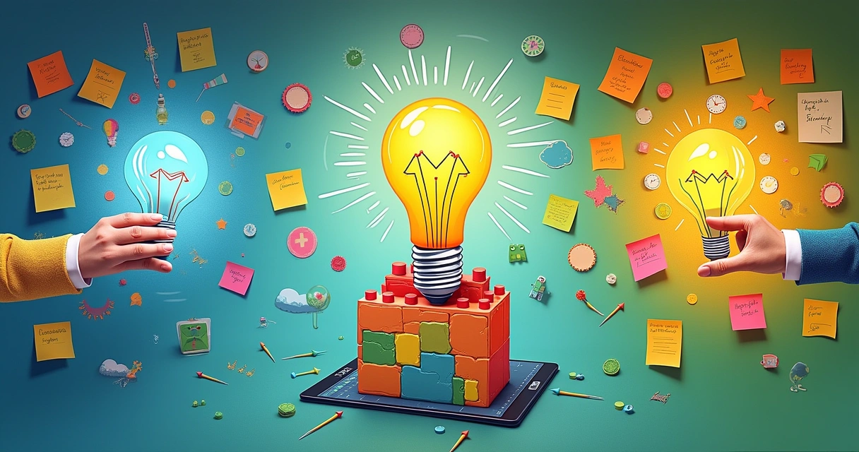 Colagem artística mostrando inovação através de ideias criativas e colaboração em saúde e produtos.