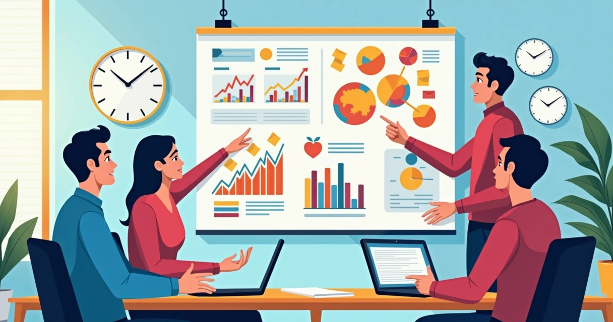 Equipe sindical planejando campanha com muitos dispositivos digitais, gráficos e quadros brancos