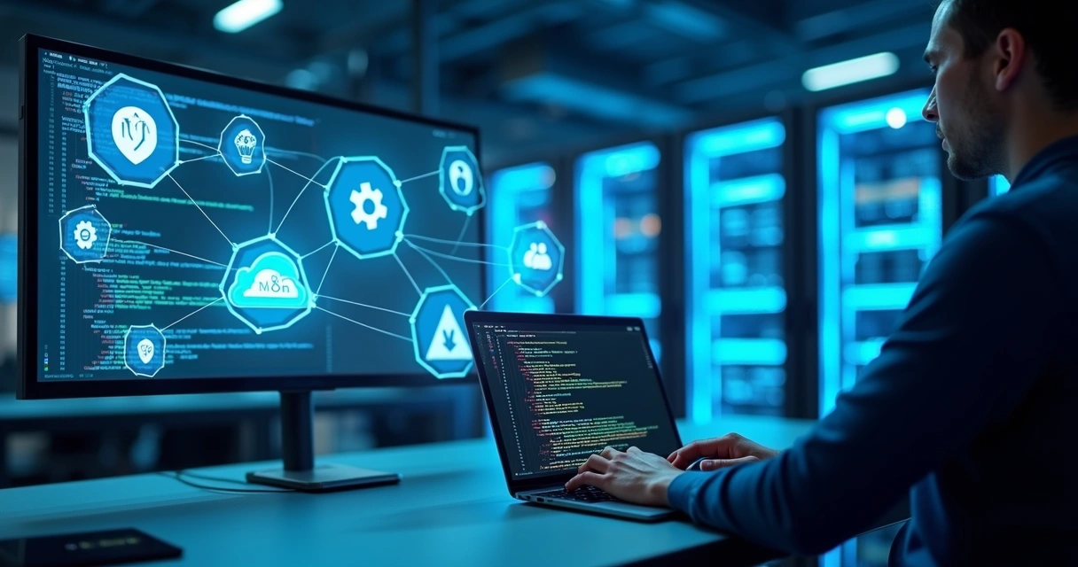 Representação de inovação e colaboração em tecnologia open source com servidores, nuvem e códigos em tela digital 