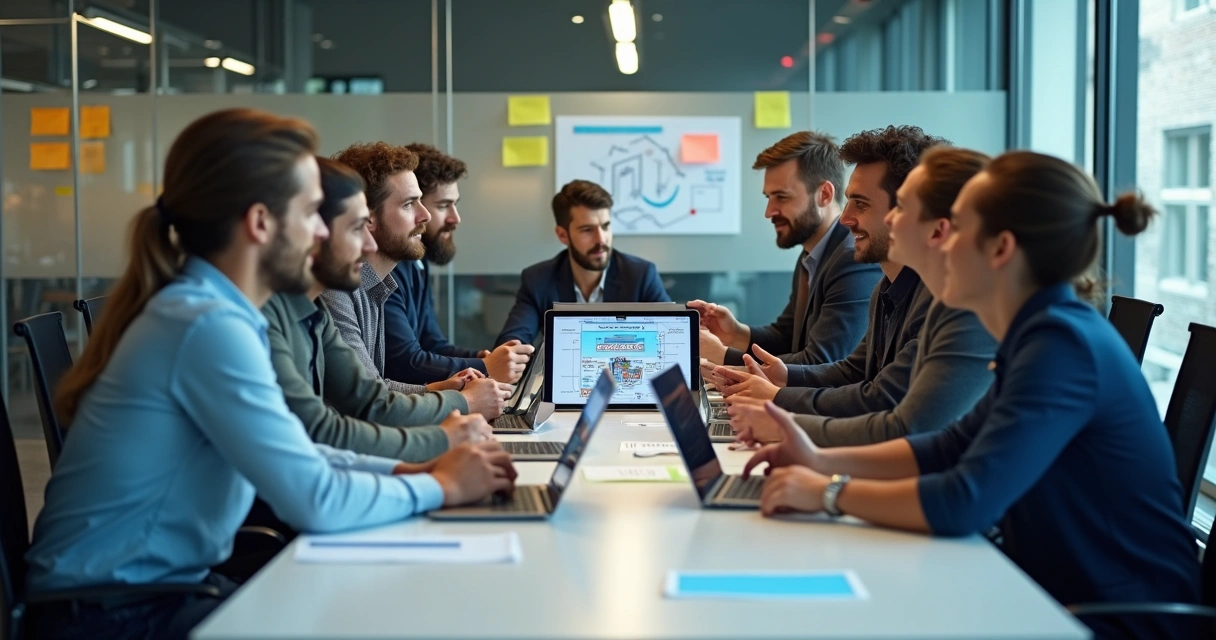 Profissionais de tecnologia colaborando em inovação 