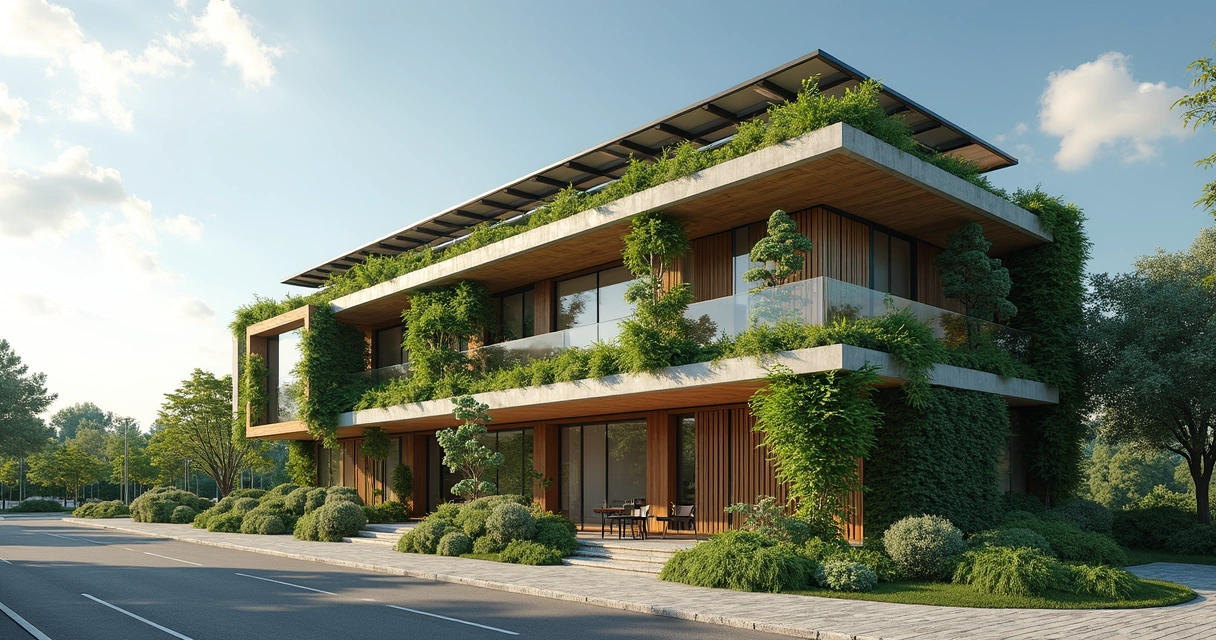 Edificação moderna com placas solares, jardim no telhado e materiais ecológicos visíveis 
