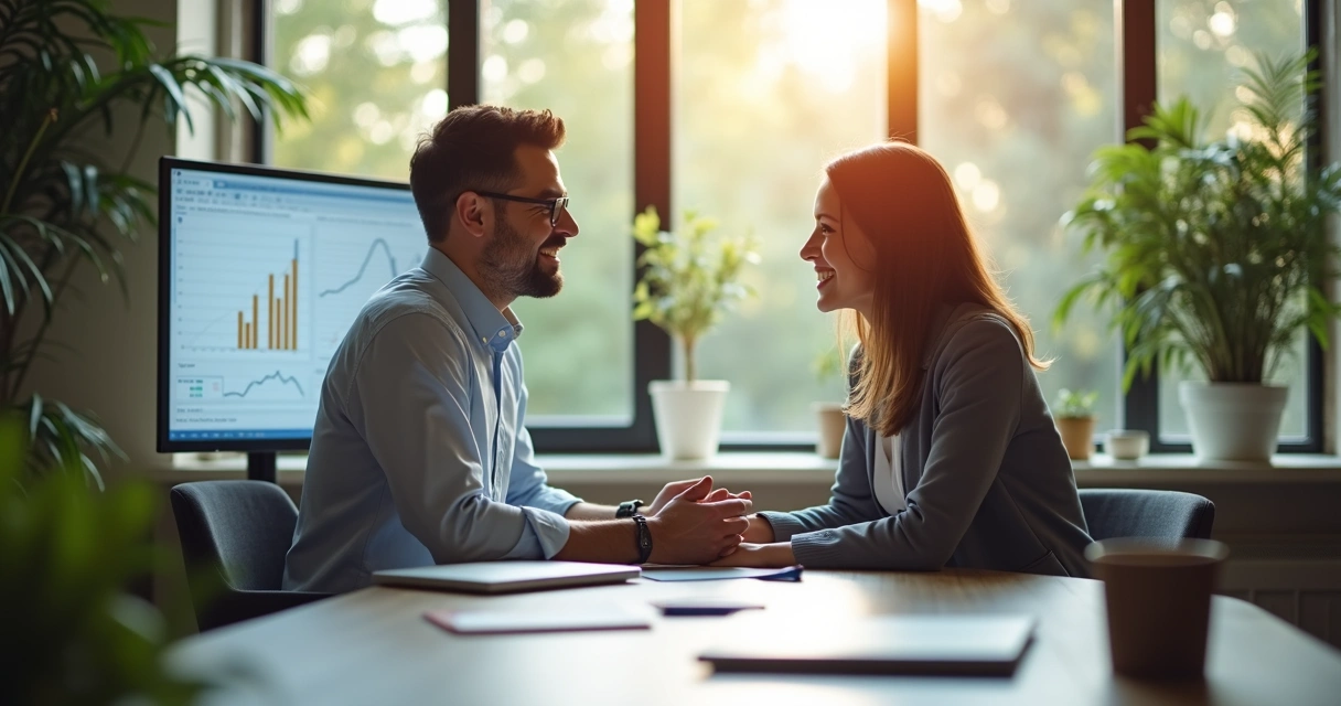 Contador conversando com cliente presencialmente, tecnologia ao fundo e sorriso no rosto 