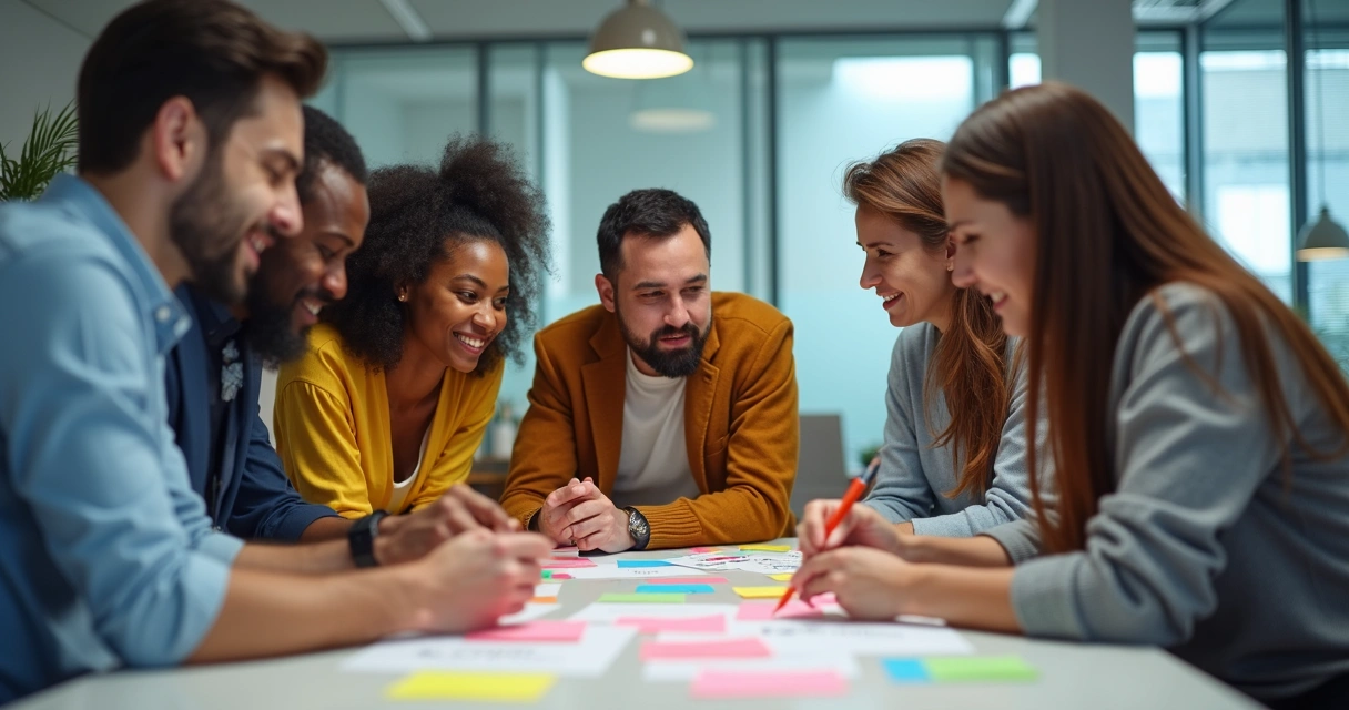 Equipe multicultural em dinâmica de inovação, post-its coloridos e expressão colaborativa 