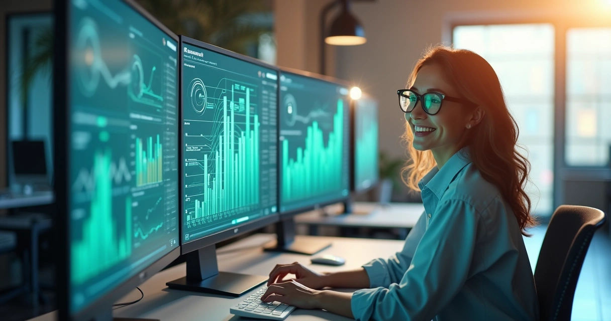 Empreendedor sorrindo com gráficos e luzes brilhantes