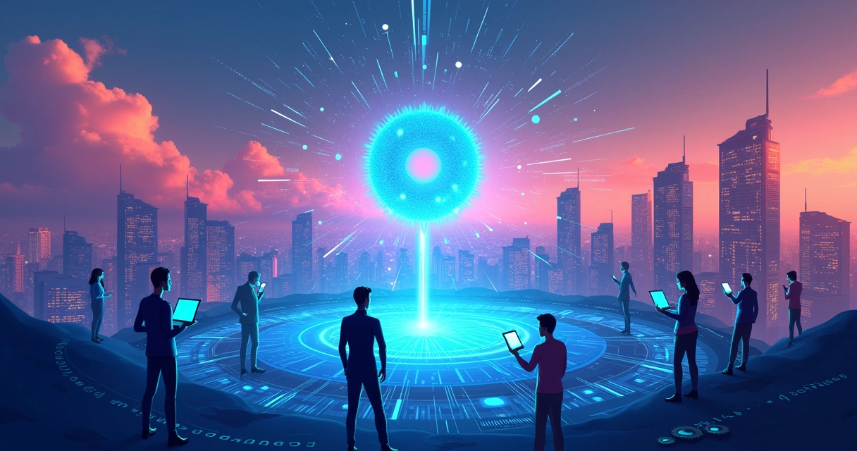 Representação da inovação na IA com profissionais usando ferramentas digitais em um cenário vibrante e inclusivo.