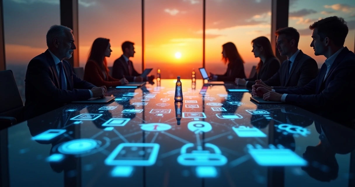 Símbolos digitais iluminados em mesa de reunião empresarial 