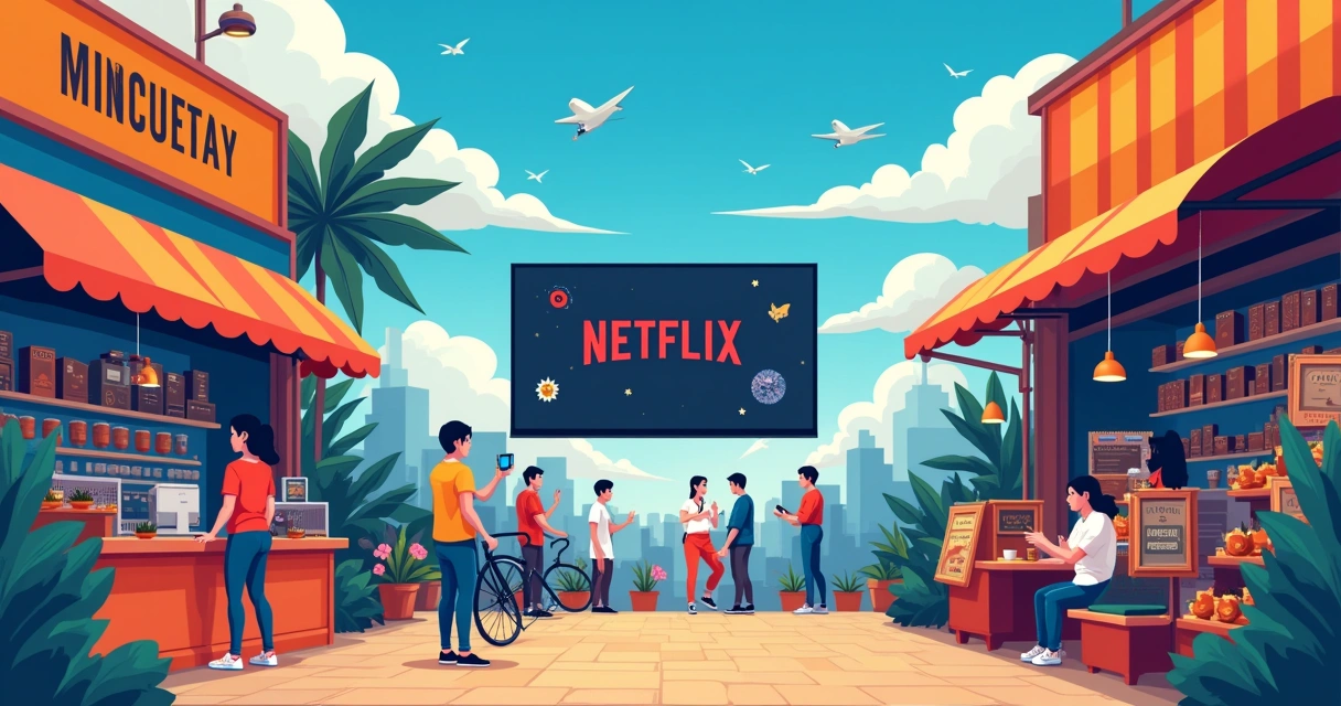 Ilustração de inovações disruptivas com Netflix, loja de vídeo física e café orgânico.