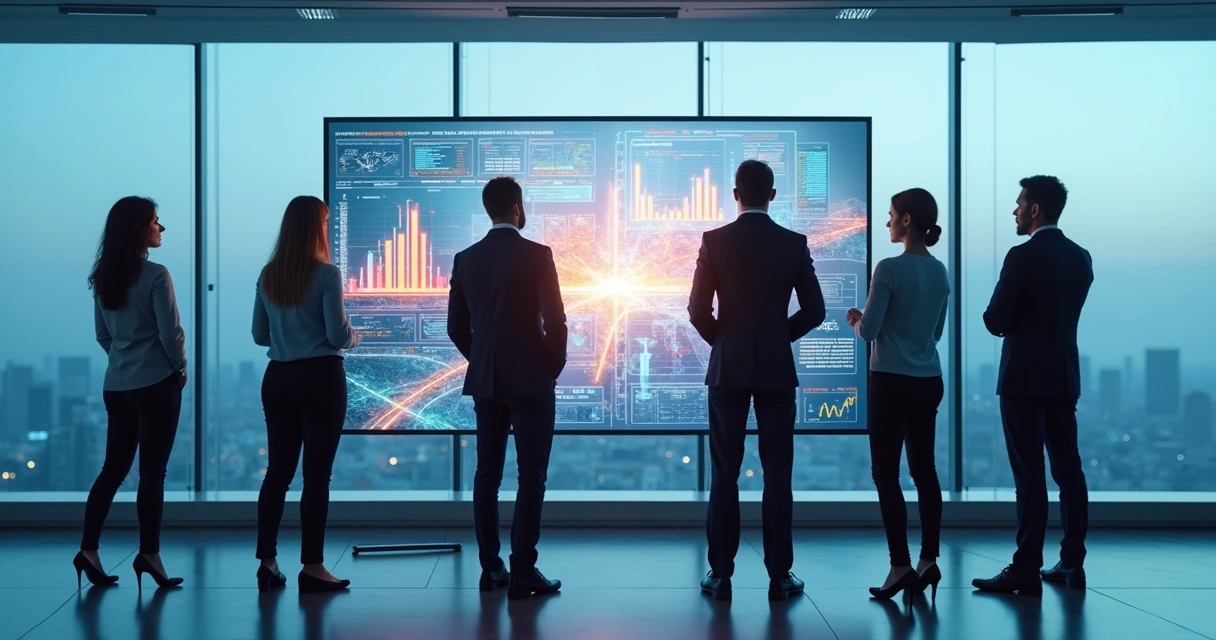 Equipe observa painel com gráficos digitais em ambiente moderno 