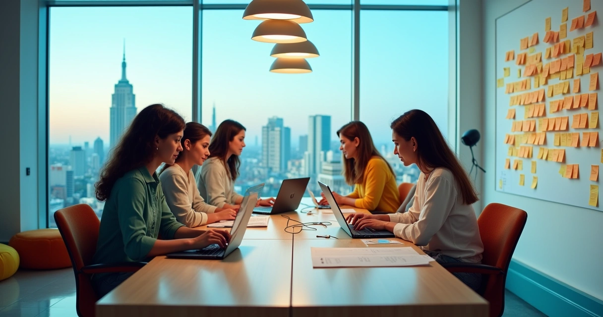 Equipe diversa colaborando em um escritório moderno e vibrante, com ideias em um quadro branco e vista da cidade.