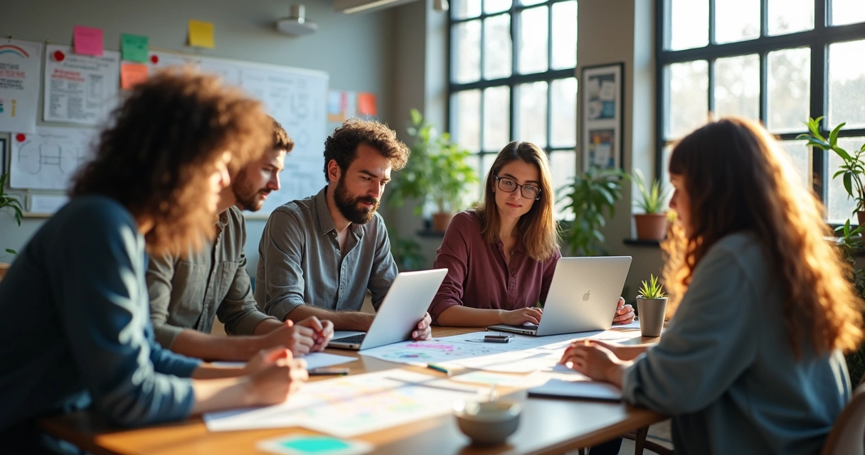 Equipe trabalhando junta, pensando em inovação e demonstrando colaboração consciente.