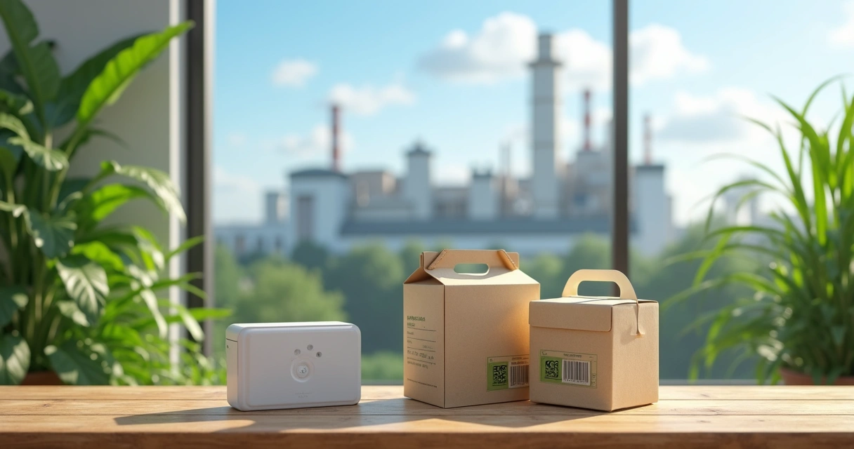 Embalagens biodegradáveis, tecnologia assistiva e indústria limpa com natureza ao fundo 