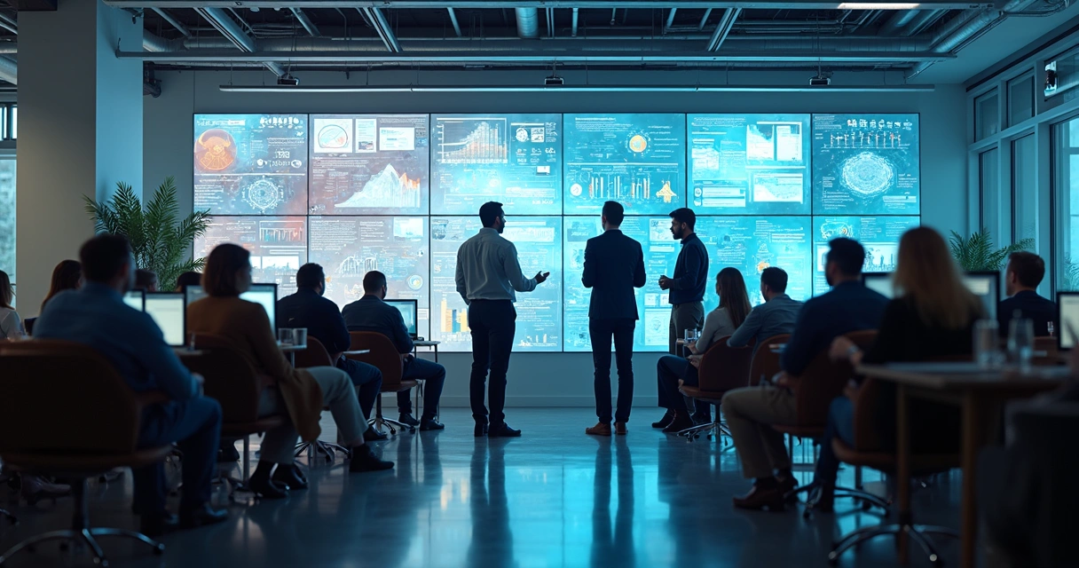 Profissionais industriais colaborando em ambiente digital moderno 