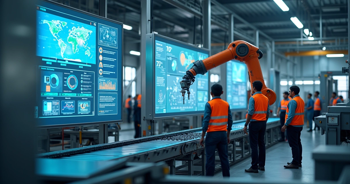 Sala de produção industrial moderna com robô e tela mostrando dados de IA 