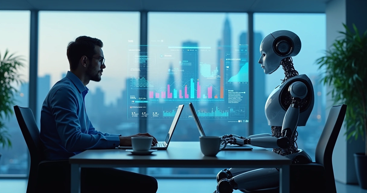 Robô e humano trabalhando juntos em escritório 