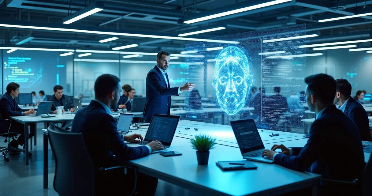 Ilustração de inteligência artificial interagindo com empresários 