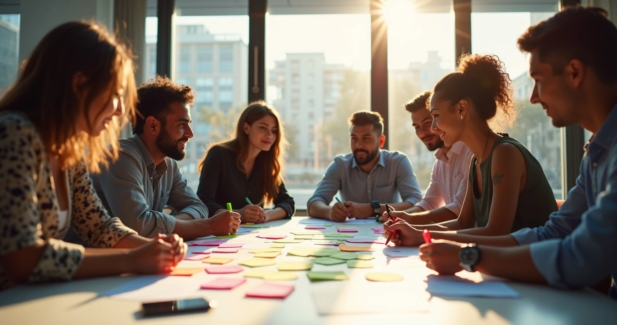 Equipe participante de workshop de inovação com material colorido e colaboração ativa 