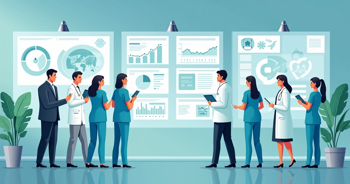 Re-auditoria clínica: estratégias para melhoria contínua na saúde 6 Painel visual de inovação em saúde com gráficos digitais, médicos e recursos tecnológicos