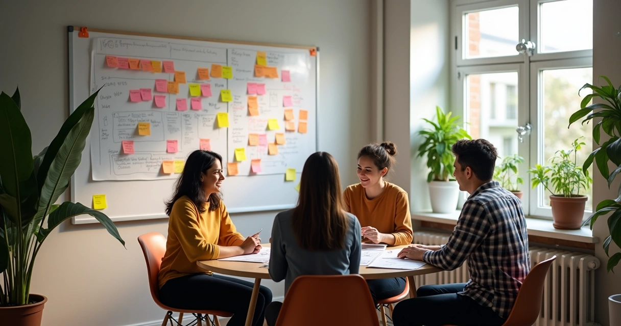 Equipe de pequena empresa discutindo ideias inovadoras em reunião 