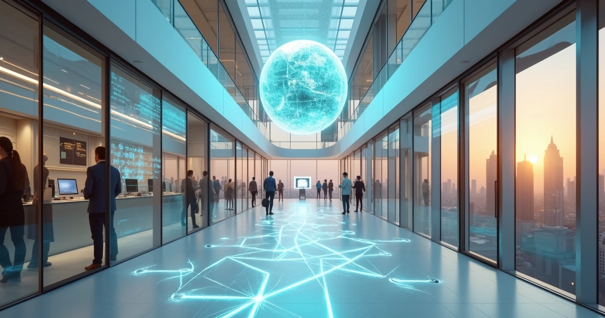 Corredor futurista conectando equipes globais e fluxo de ideias luminosa 