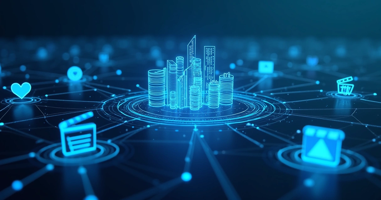 Ícones representando saúde, finanças, varejo e mídia integrados em conceito digital 