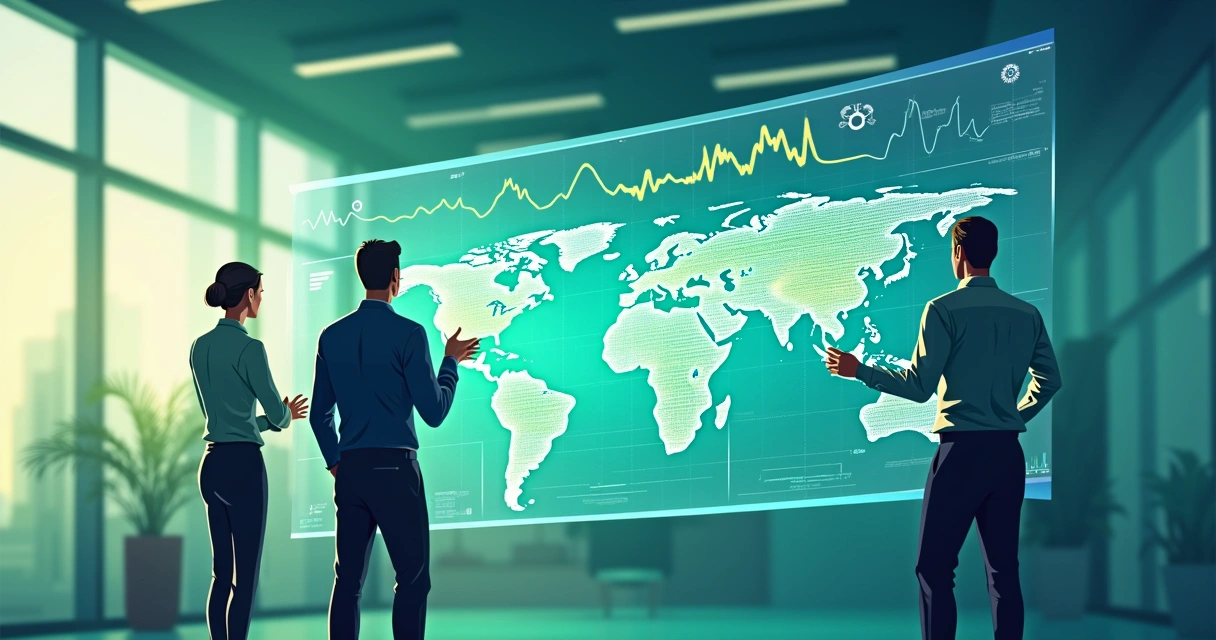 Profissionais usando telas digitais, gráficos dinâmicos e mapas interativos sobre exportação brasileira 