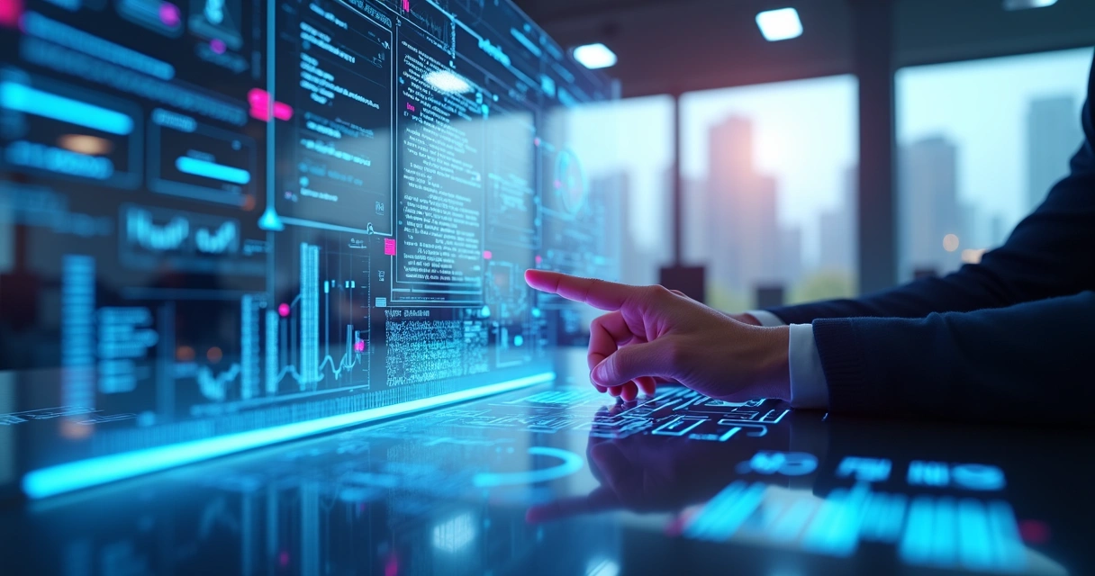 Pessoa usando prompt engineering com telas digitais mostrando gráficos e dados tecnológicos 