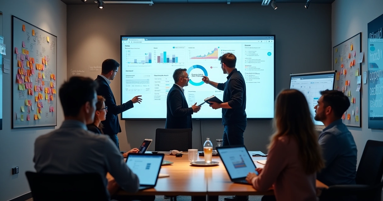 Equipe de inovação reunida em coworking analisando telas de produtos digitais 