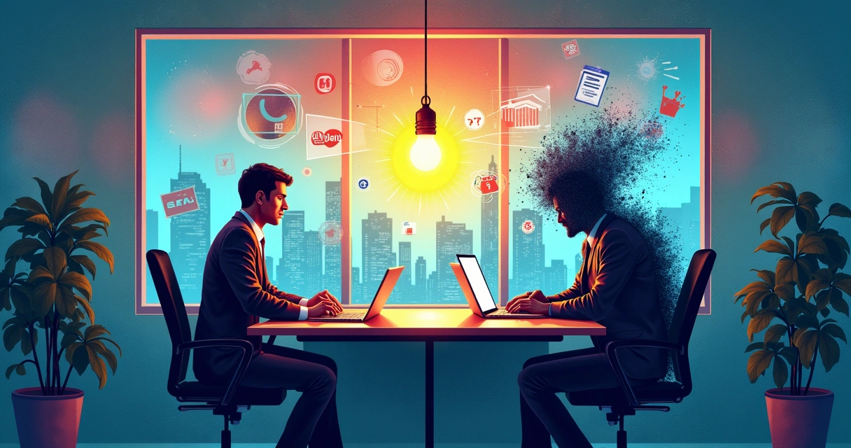 Escritório moderno mostrando inovação real e inovação falsa, com gráficos e sombras representativas em um ambiente corporativo.