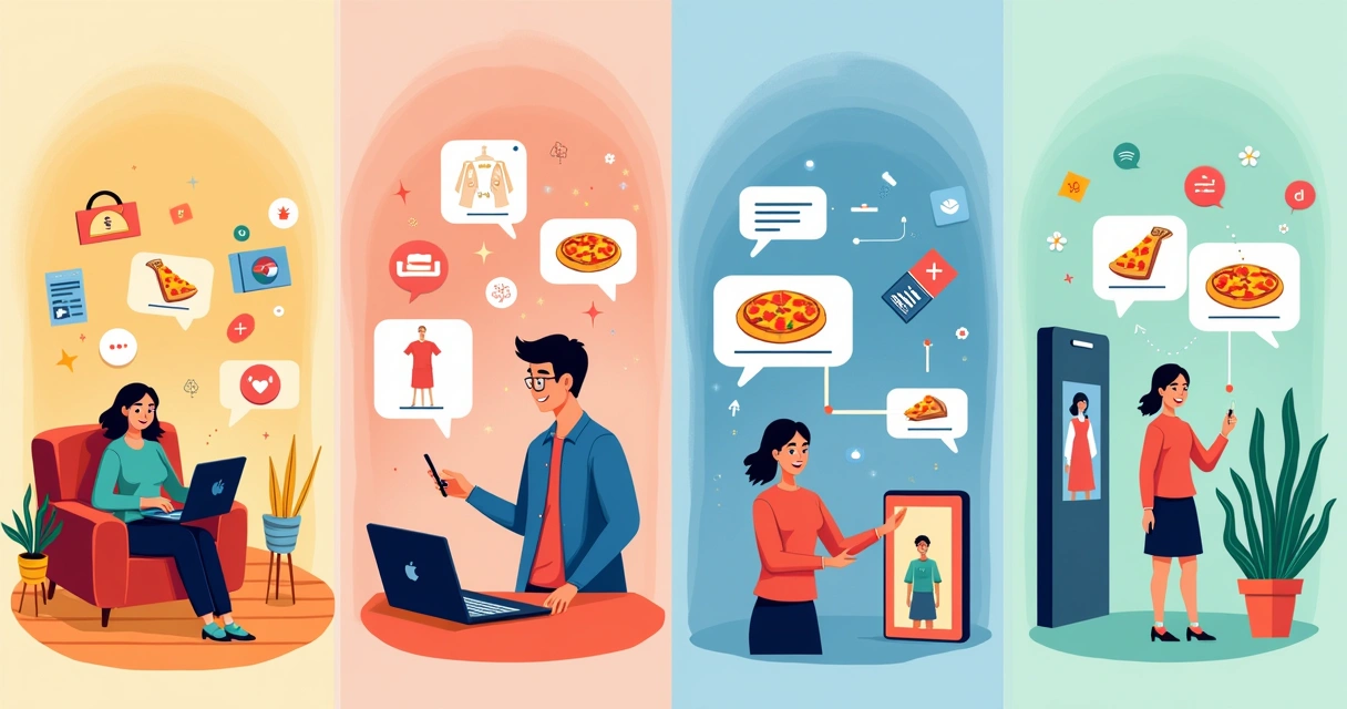Ilustração de inovações que melhoram a experiência do cliente, incluindo recomendações, serviços ágeis e rastreamento de pedidos.