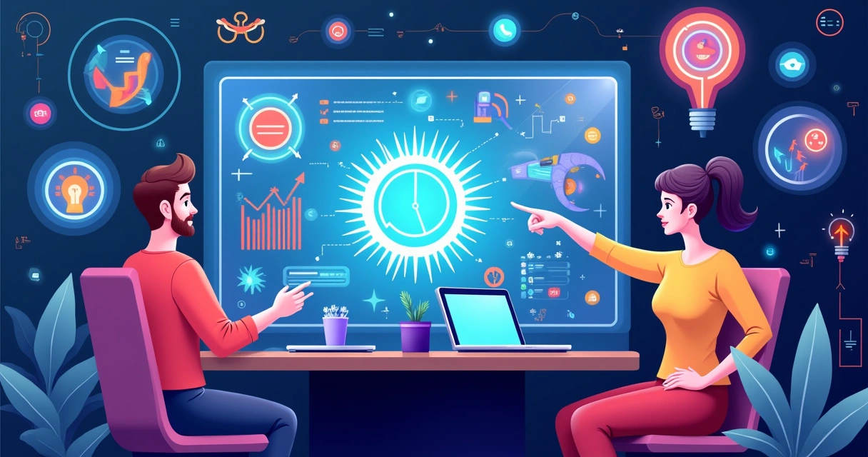 Equipe discutindo ao redor de painel digital com tendências de marketing 