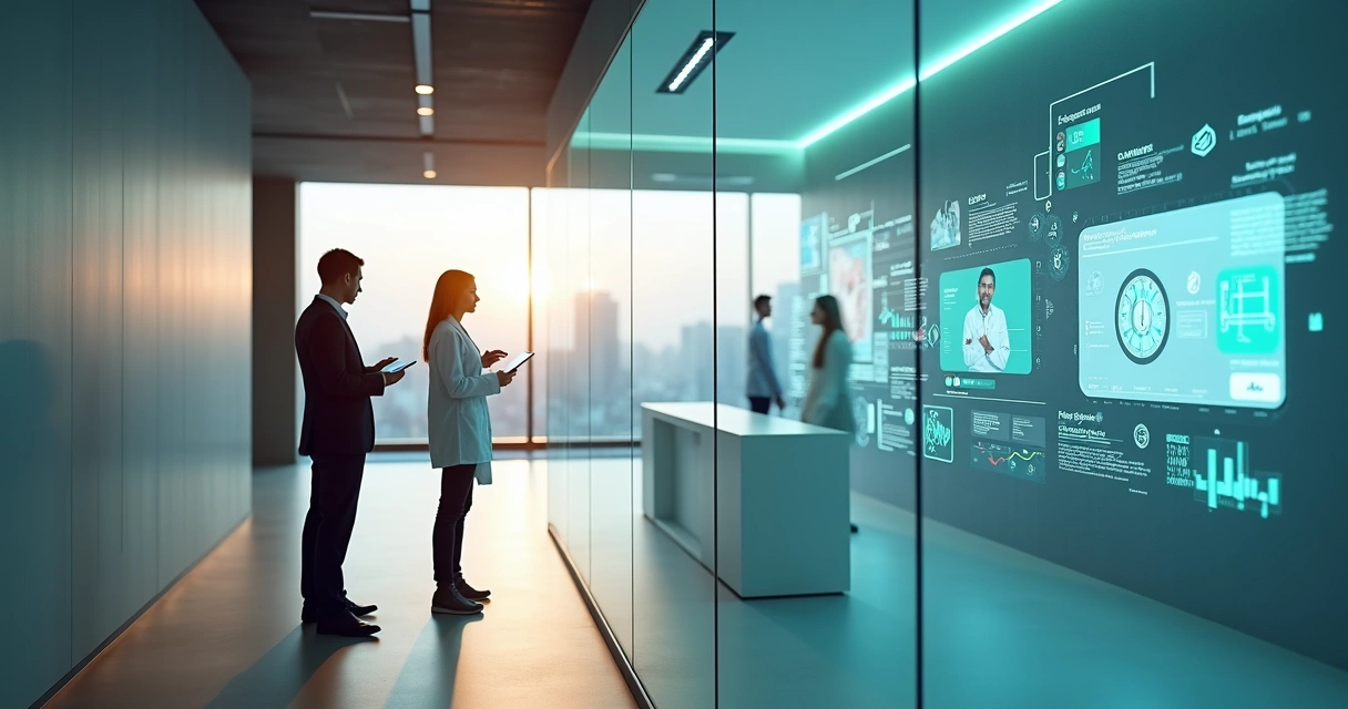 Executivos observam laboratório de saúde digital integrado ao ambiente corporativo 