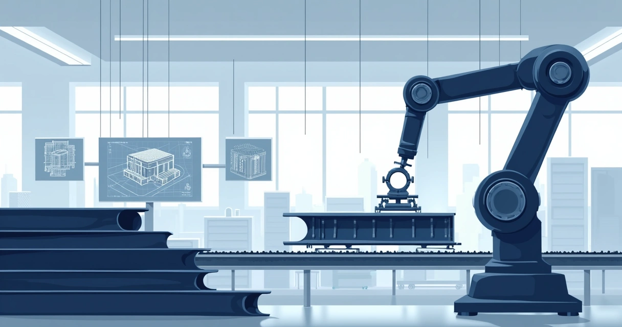 Robô fabricando perfil de aço em fábrica moderna 