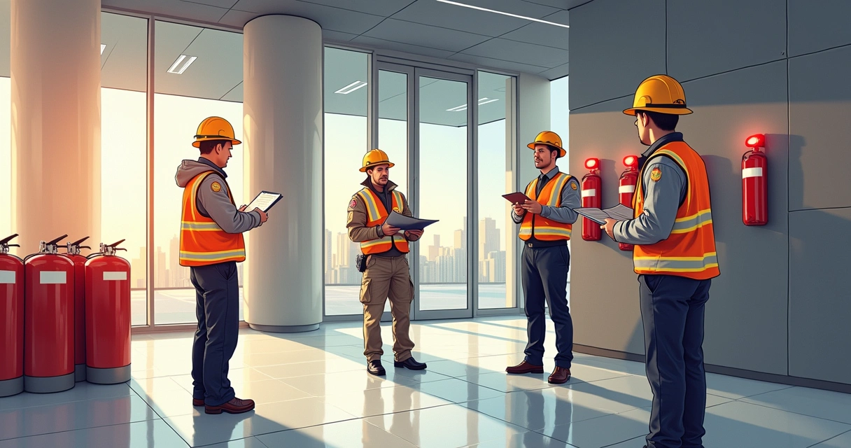 Técnicos dos bombeiros em vistoria de prevenção a incêndio em prédio comercial