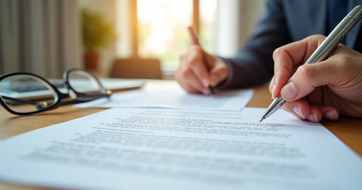 Pessoa assinando contrato de aluguel em mesa com documentos e caneta 