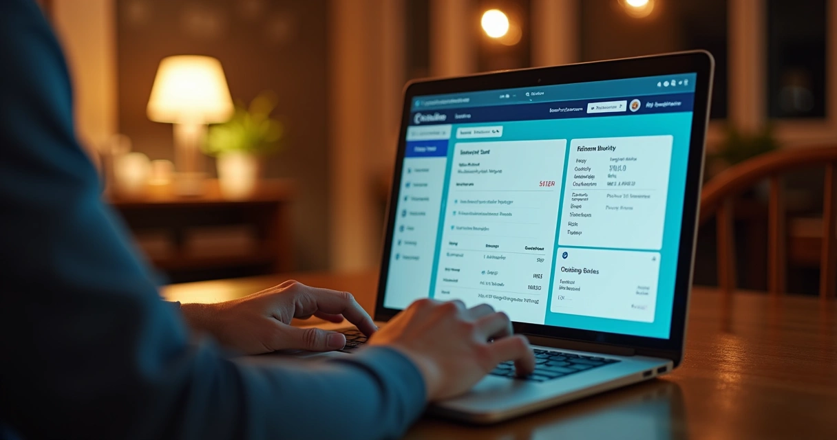 Inquilino acessando portal de autoatendimento imobiliário pelo notebook à noite