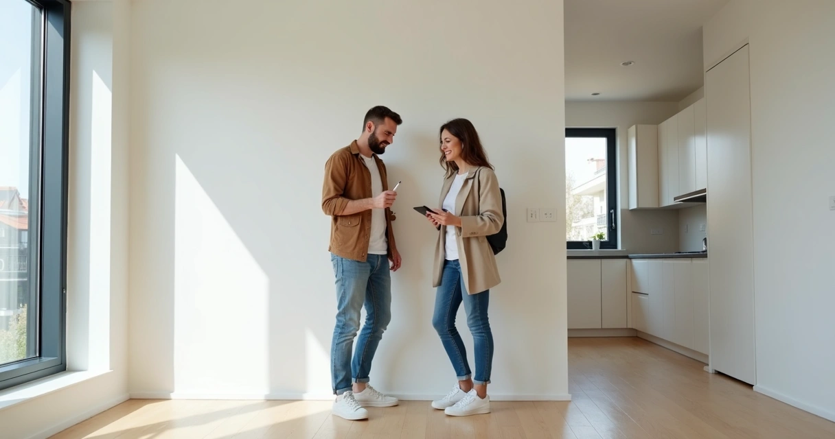 Dois inquilinos sorrindo durante vistoria de apartamento vazio 