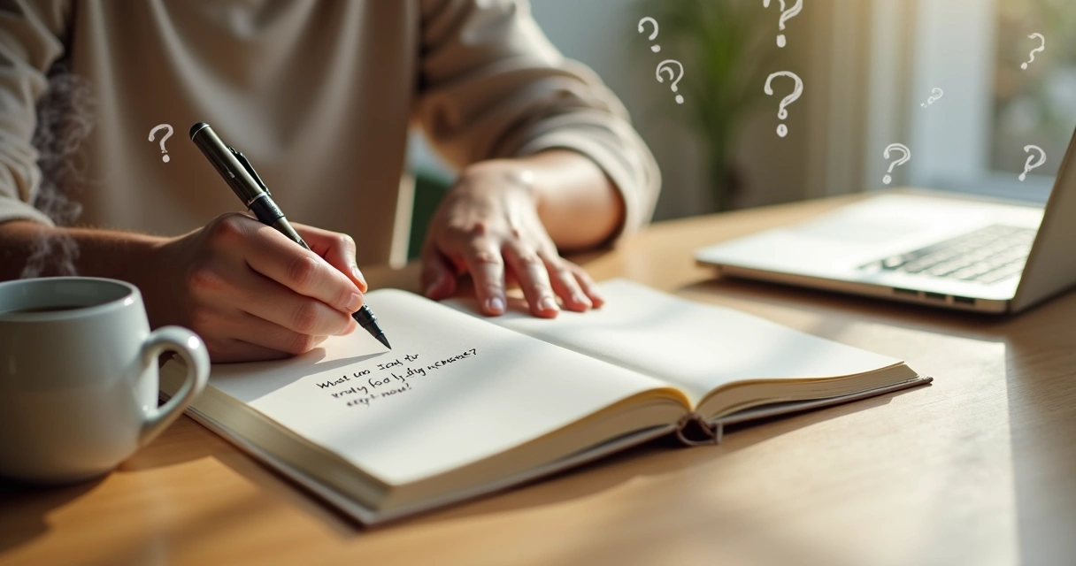 Person journaling at a wooden desk with soft morning light and abstract mind map drawings 