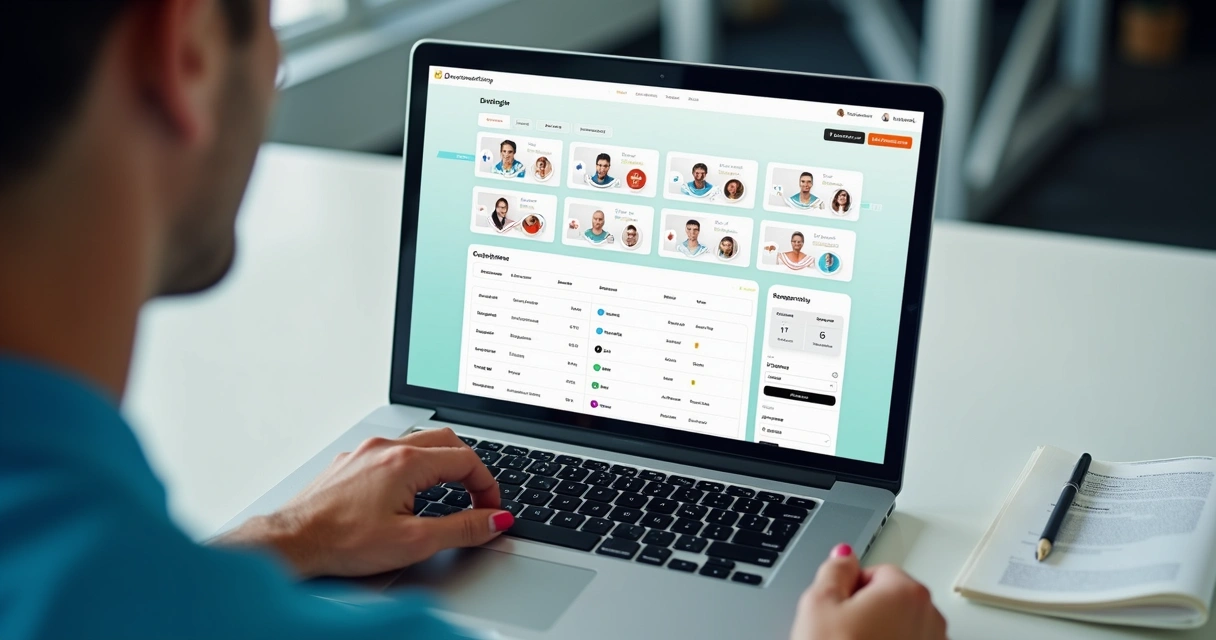 Gestor de torneio esportivo revisando inscrições em sistema digital 
