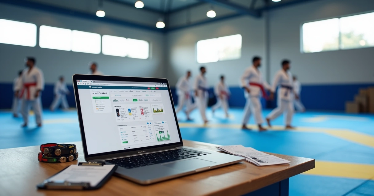 Tela de laptop com formulário digital de inscrição esportiva em ambiente de ginásio 
