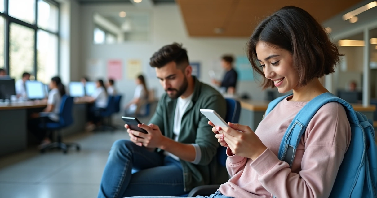 Pais preenchendo ficha de inscrição pelo celular dentro de escola, próximo à secretaria. 