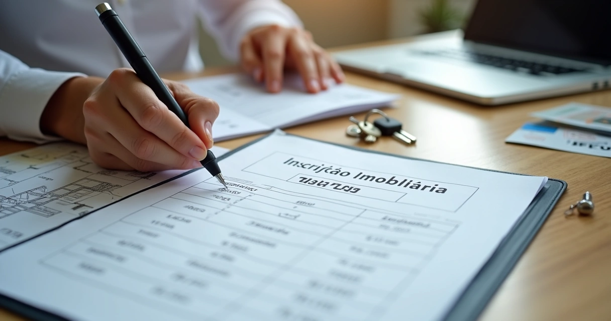 Corretor conferindo inscrição imobiliária em planta do imóvel e documento municipal 