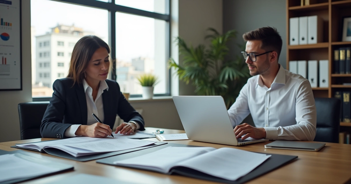 Ilustração de dois empresários analisando documentos fiscais em uma sala de escritório