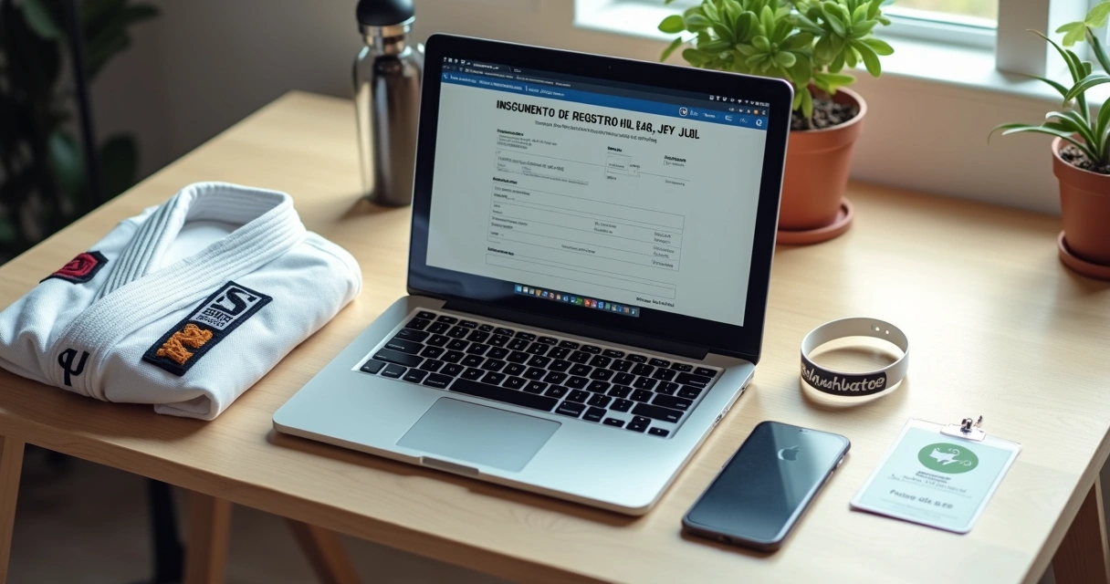 Atleta de jiu-jitsu preenchendo inscrição de torneio no notebook ao lado do kimono e faixa 