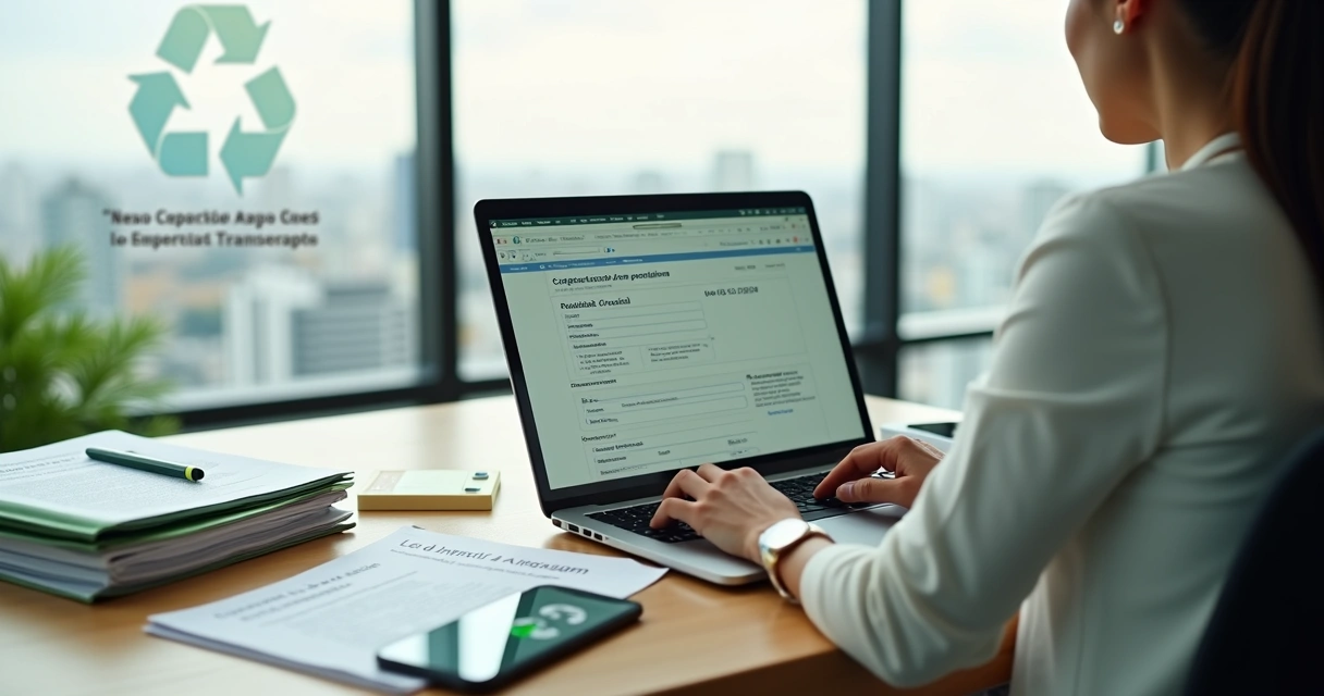 Gestora ambiental preenchendo inscrição de projeto da Lei de Incentivo à Reciclagem no computador 