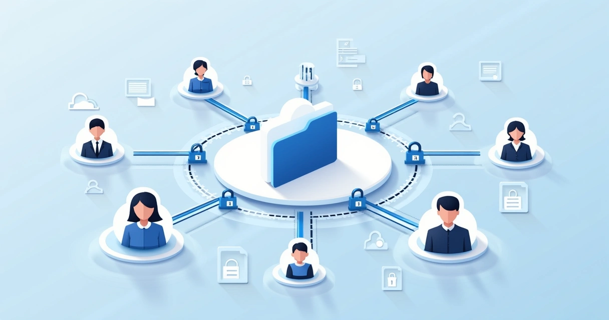 Multiple users depicted accessing the same digital folder, some with visible lock icons and others without, on a blue background. 